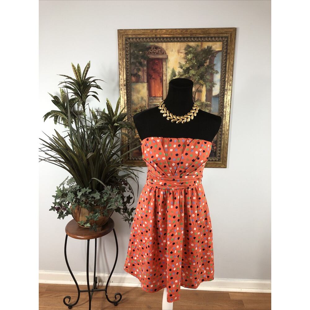 Jella Couture Women’s Strapless Polka Dot Dress Size‎ M Orange Fit & Flare Boho